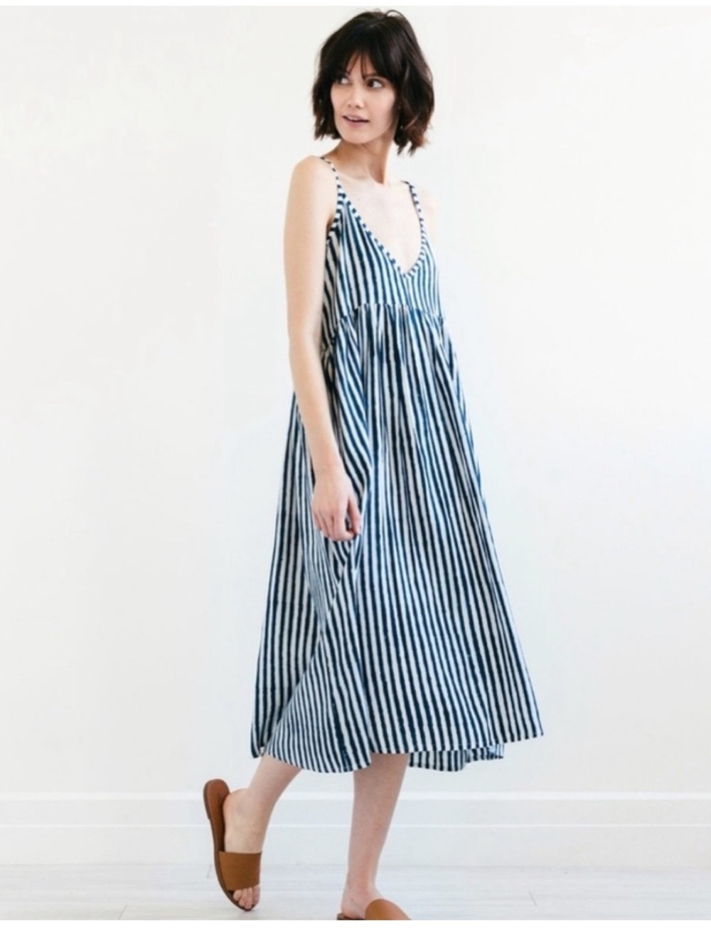 EMERSON FRY India Collection Striped Blue White Midi Dress Lightweight Modal L